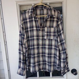 Men's Front Button Long Sleeve Plaid Casual Top Flannel Sz L
